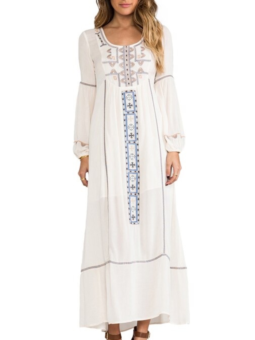 Free People Ivory Maxi Dress with Blue & Tan Embroidery
